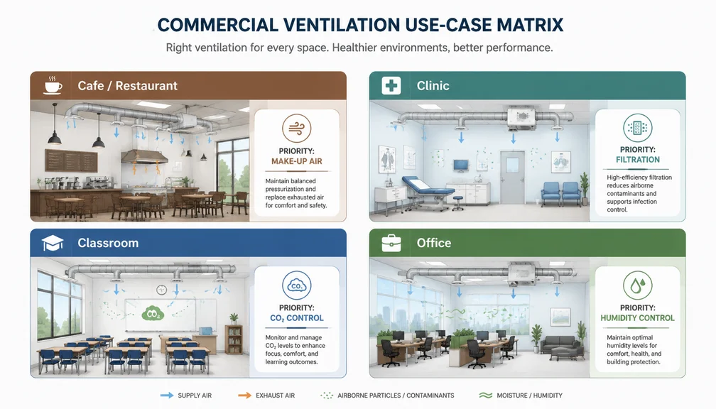 Four commercial ventilation use cases: cafe clinic classroom and office