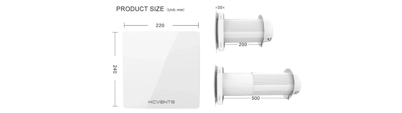 VT501 product size diagram showing 220x240mm panel and 200-500mm duct length