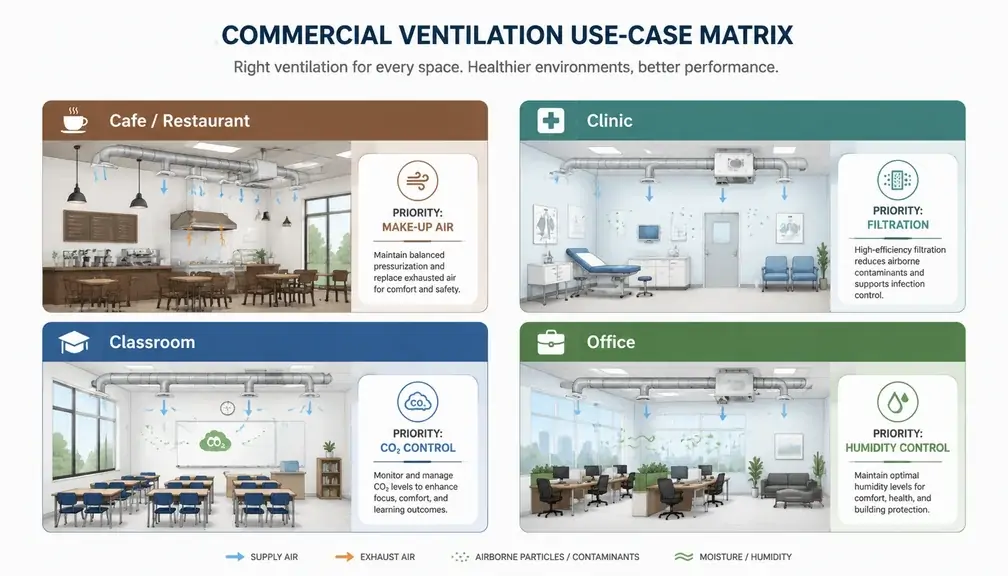 Four commercial ventilation use cases: cafe clinic classroom and office